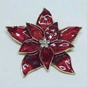 Eisenberg Ice Vintage Poinsettia Flower Rhinestone & Red Enamel Brooch Signed